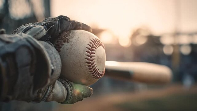 Close up of scuffed baseball in worn leather glove