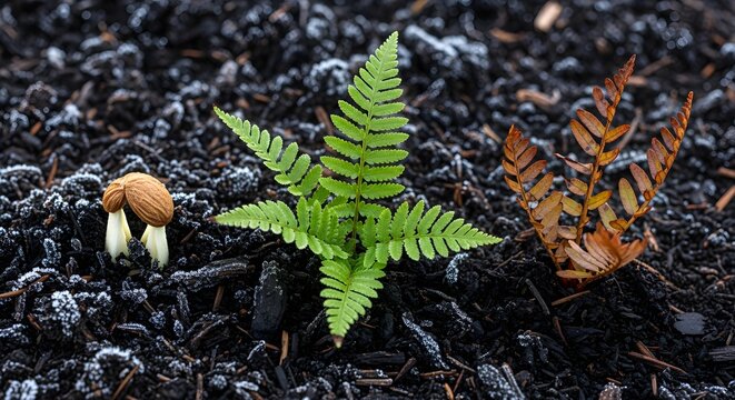 A vibrant green fern frond grows from dark, moist soil in a high-angle close-up shot.