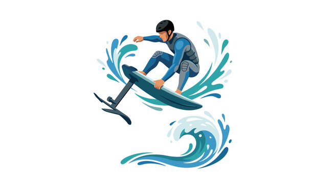 Vector illustration of an athletic man in a wetsuit and helmet performing an aerial jump on a hydrofoil surfboard over a blue ocean wave, isolated on a white background.