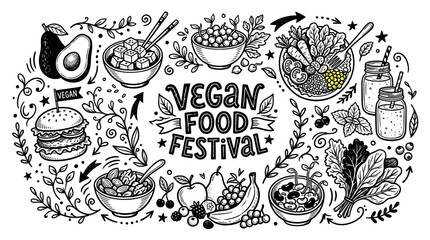Fototapeta premium Hand Drawn Vegan Food Festival Doodle Illustration