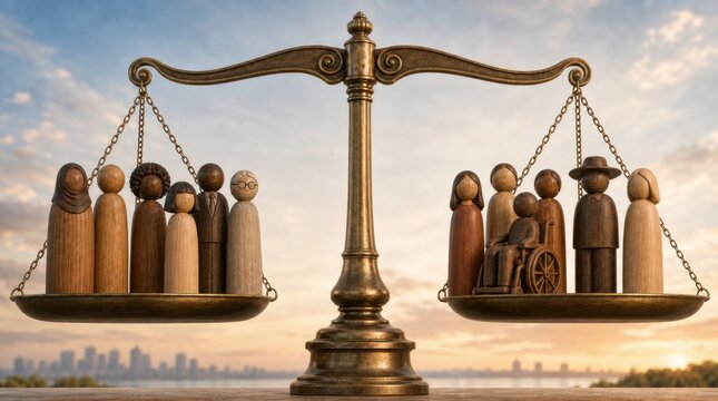 Wooden figurines of diverse people balanced on a vintage scale, symbolizing equality and social balance against a city skyline background.