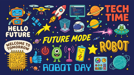 Fototapeta premium Futuristic technology elements and cute robots form a colorful doodle illustration banner about science and innovation.