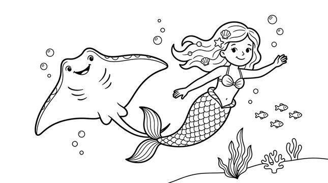 Cartoon mermaid swimming with stingray fish line art for kids creative coloring activity.