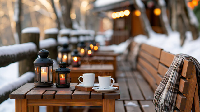 Snowy European countryside caf&eacute; with outdoor tables, warm lanterns and steaming winter beverages, peaceful travel destination, seasonal tourism, with copy space