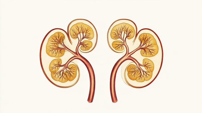 adrenal. Medical illustration of golden adrenal glands atop red kidneys with detailed vascular network. STEM education sheets.