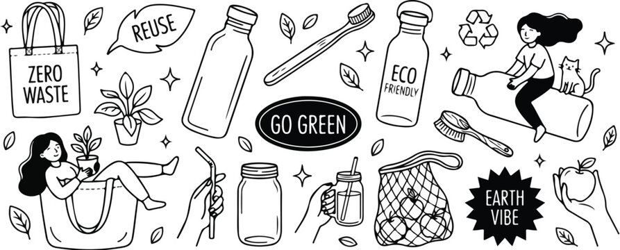 Zero waste lifestyle doodle set highlights eco-friendly reusable items like glass bottles, mesh bags, and bamboo brushes.