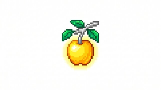 8-bit pixel art of a mythical glowing golden apple fruit on a silver branch game asset isolated on white.
