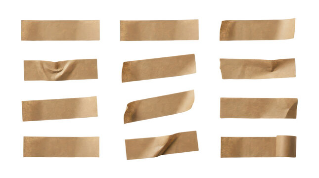 Brown paper tape strips collection, adhesive packaging tape pieces for shipping and craft isolated on Transparent Background