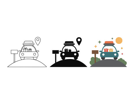 Car carrying gifts on roof rack traveling through scenic countryside location icon set.