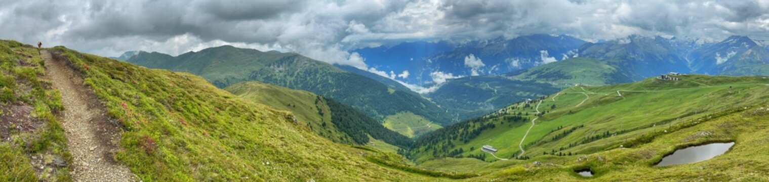 Panoramic View Of Speicher Durla&szlig;boden Lake And Green Mountains In K&ouml;nigsleiten Austria Tirol Under Cloudy Sky During Summer Season For Travel And Tourism