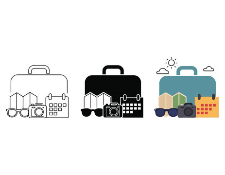 Travel suitcase with camera calendar and map elements in line solid and flat design styles.