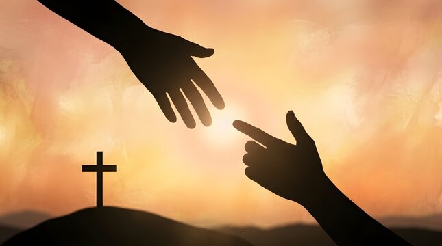 Inspiring silhouette of outstretched hands reaching towards connection under a vibrant sunset sky, with a serene cross on a distant hill, symbolizing faith, hope, and mutual support