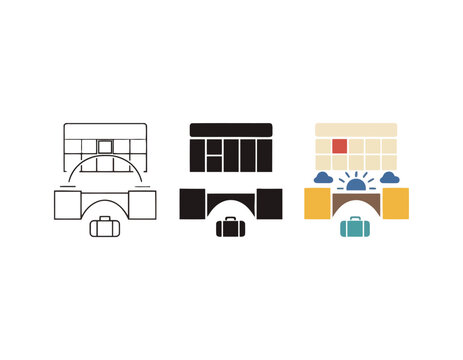 Vacation calendar and bridge schedule vector icon set for booking and trip planning apps.