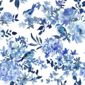 Watercolor Elegant Blue Seamless Pattern with Abstract Hand-Painted Peonies, Wildflowers, and Birds for Fabric, Wallpaper, Wedding Invitations, and Surface Design