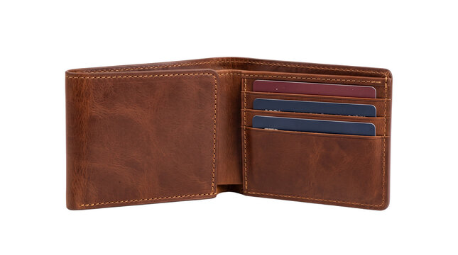 Vintage brown leather wallet with credit cards, classic bifold men's leather wallet, elegant genuine leather billfold for financial organization isolated PNG with Transparent Background