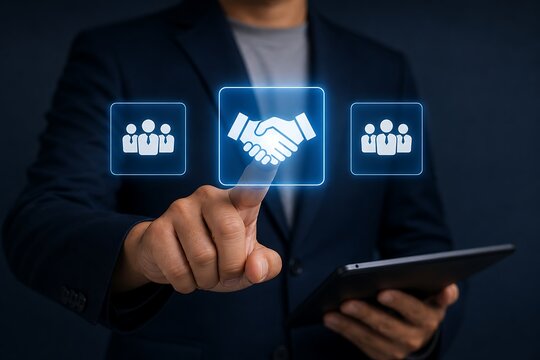Handshake icon between two groups on digital interface with tablet device