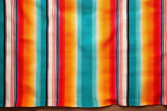 Mexican serape fabric displaying colorful vertical stripes and texture over a wooden surface
