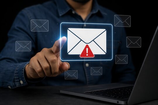 Person highlighting suspicious email alert on digital device with multiple messages