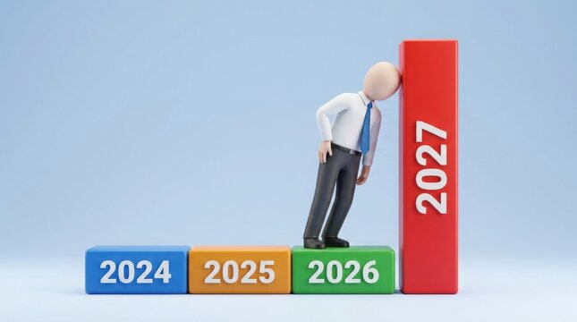 Stressed businessman leaning on 2027 bar chart, financial pressure and economic forecast concept, annual growth blocks