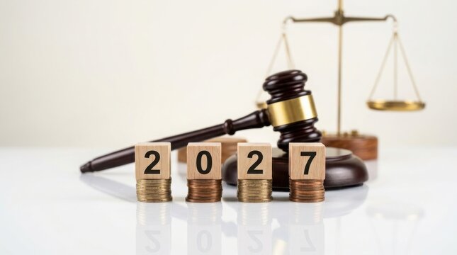 Legal gavel with 2027 wooden blocks on coin stacks. Justice scales and judge hammer for 2027 law and finance. Professional court room concept.