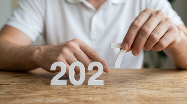 New year 2027 concept with white numbers on wooden table. Man holding 2027 date for future planning and business goals.