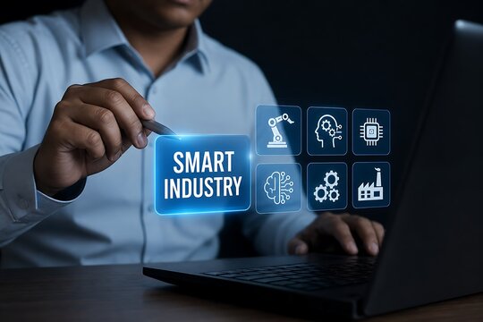 Person selecting smart industry icon on digital interface near laptop with industrial symbols