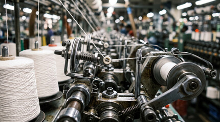 Fototapeta premium Large industrial textile spinning machine with rows of white thread spools with red caps and yellow thread spools on automated winding machinery in a bright modern textile factory