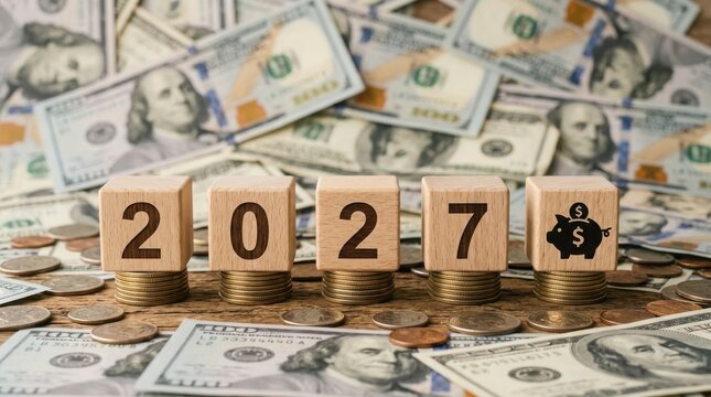 2027 business target concept with blue numbers and red bullseye. New year goals and financial planning on white background