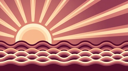 Fototapeta premium Retro sunset over ocean waves minimalist horizon landscape vector