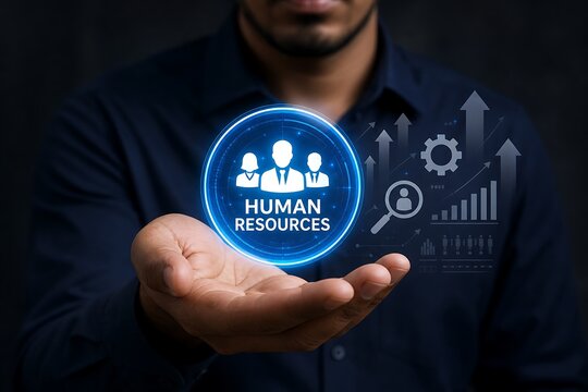 Hand hovering over human resources holographic interface with team icons