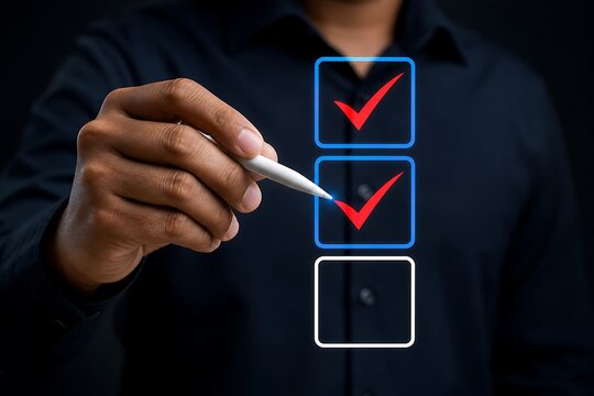 Hand marking checkmarks on digital interface with progress indicators and error symbol