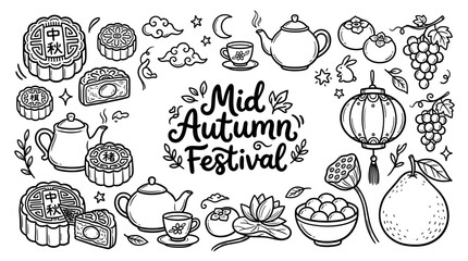 Fototapeta premium Mid Autumn Festival Doodle Set with Mooncakes and Lanterns