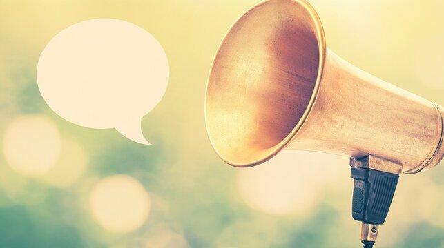 megaphone. Vintage brass megaphone with a speech bubble against a soft pastel background, evoking retro communication themes. event programs.