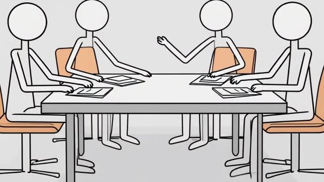 Clean minimalist stick figure animation of business discussion, flat vector style