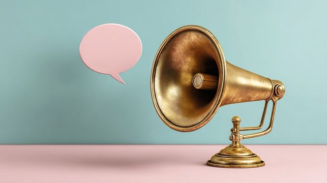 megaphone. Vintage brass megaphone with a speech bubble against a soft pastel background, evoking retro communication themes. event programs.
