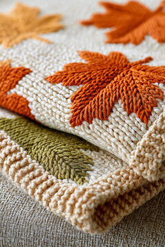 Close up of a cozy knitted blanket decorated with embroidered orange autumn leaves.