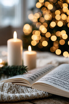 Open sheet music book resting on a cozy knitted blanket next to lit candles and Christmas tree lights.