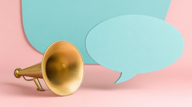 megaphone. Vintage brass megaphone with a speech bubble against a soft pastel background, evoking retro communication themes. event programs.