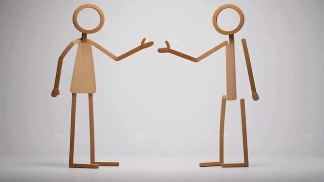 Clean minimalist stick figure animation of two humans collaborating, facing each other, centered on white