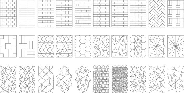 Geometric and architectural pattern illustration set with brick, tile, grid, and abstract tessellations, decorative vector design