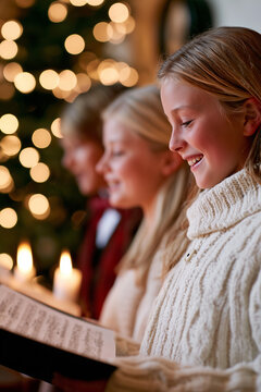 Children singing Christmas carols from a songbook in front of a glowing Christmas tree.