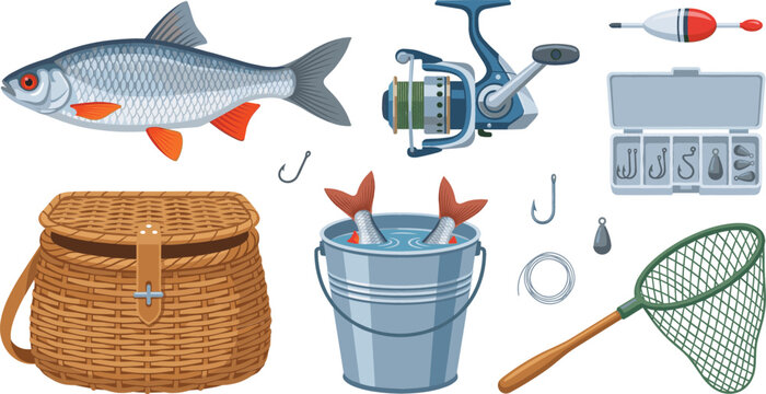 Fishing Equipment and Tackle Vector Set with Fresh Fish, Reel, Wicker Basket, Metal Bucket, Net, and Hook Box