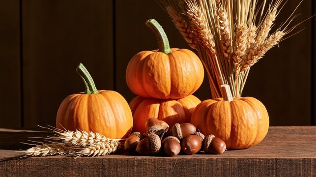 Autumn harvest of mini pumpkins, acorns, and wheat stalks on a wooden surface