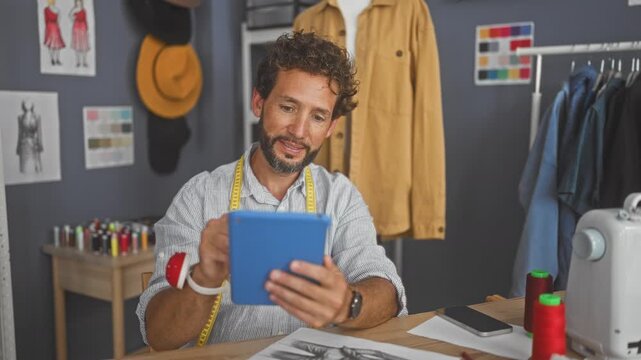 Man dressmaker holds blue tablet and scrolls screen with hands, tape measure around neck and wrist pincushion visible in studio; creative focused.