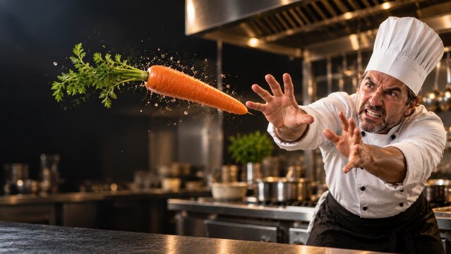Panicked chef in a professional kitchen reacting with shock as a single large carrot flies directly at him