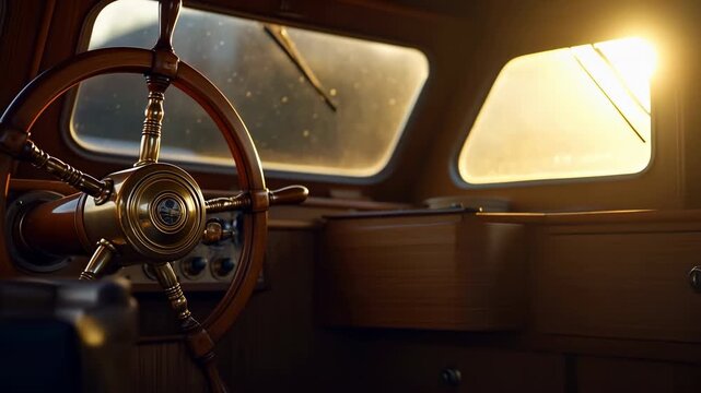 Vintage car interior remains still as warm sunlight grows brighter through windshield, illuminating wooden steering wheel, dashboard details, glass surfaces, and dark cabin