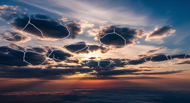 Dramatic stormy sky with lightning striking through fluffy clouds at sunset