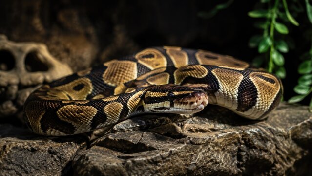 Ball Python Resting on Rock in Naturalistic Tropical Reptile Habitat