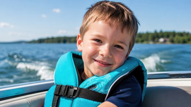 Smiling Young Boy Wearing Life Jacket During Summer Boat Ride on Lake