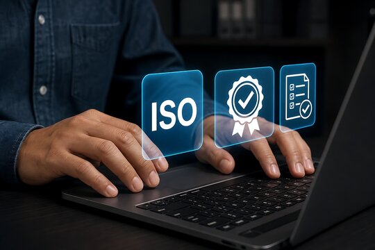 Hands selecting iso certification icons on laptop screen with checkmark and document symbols